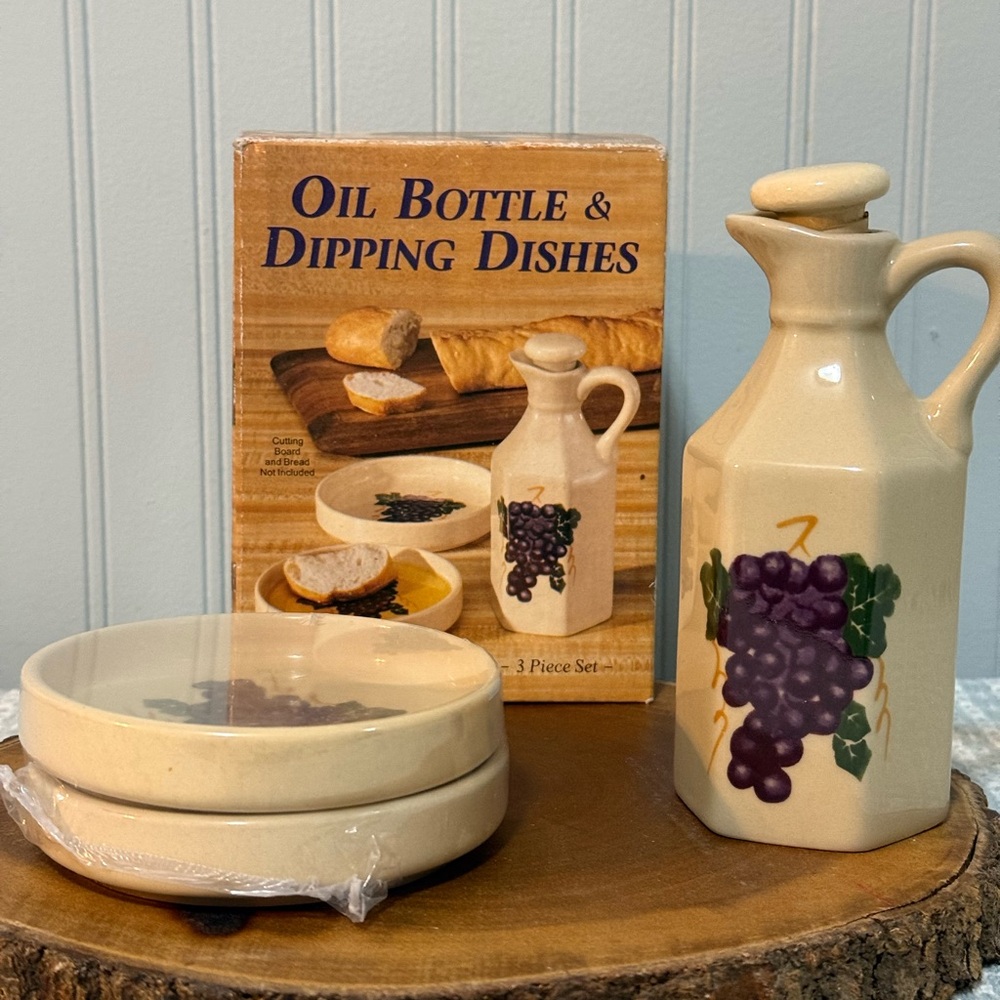 Vintage Tucson Style Ceramic Grape Oil Bottle & Dipping Dishes - Cream
